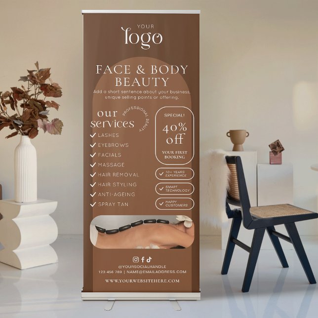 Boho Terracotta Beauty Salon Business Marketing Retractable Banner (Trendy modern boho style business marketing pull up banner in (customizable) terracotta tones )