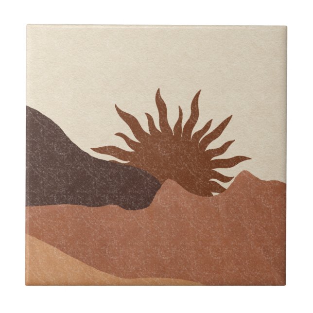 Boho Terracotta Bisque Desert Sun Mountains Ceramic Tile (Front)