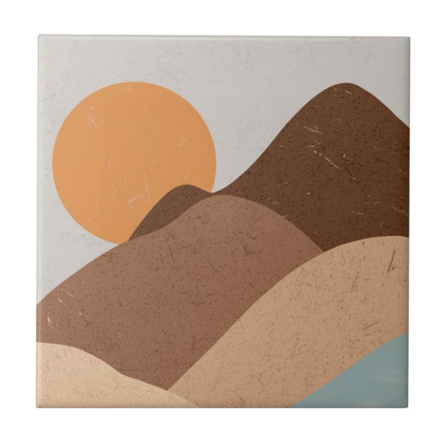 Boho Terracotta Bisque Desert Sun Mountains Ceramic Tile (Front)