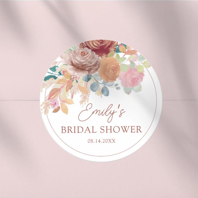Boho Terracotta & Blush Bridal Shower Classic Round Sticker (Creator Uploaded)