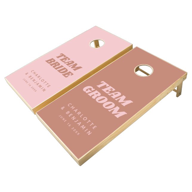 Boho Terracotta Blush Bride Groom Wedding Custom  Cornhole Set (Angled)