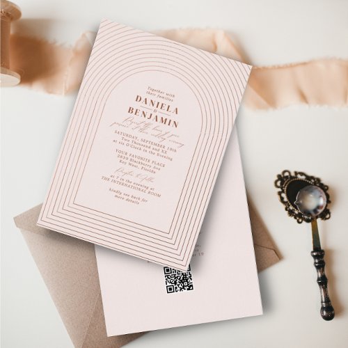 Boho Terracotta Blush Wedding Arch  RSVP QR Code Foil Invitation