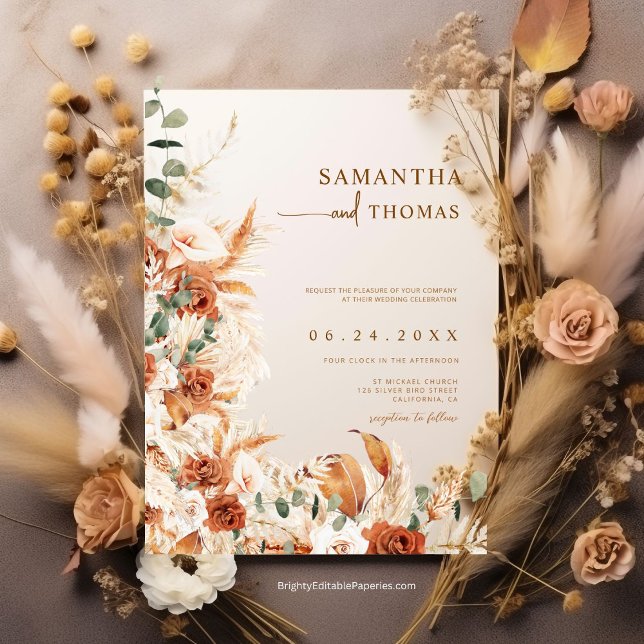 Boho Terracotta Botanical Pampas Elegance Wedding Invitation (Creator Uploaded)