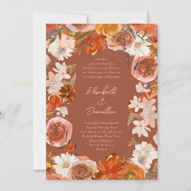 Boho Terracotta Bouquet Abundance Wedding Invitation (Front)
