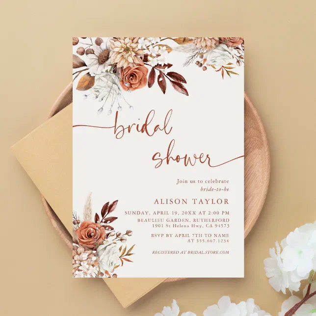 Boho Terracotta Bridal Shower Cream Floral Invitation | Zazzle