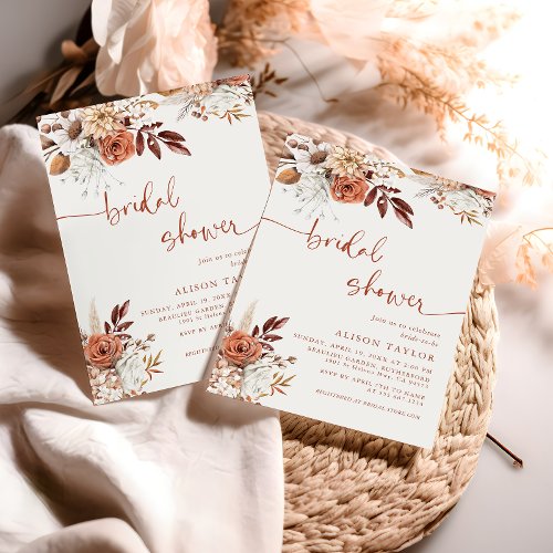 Boho Terracotta Bridal Shower Cream Floral Invitation