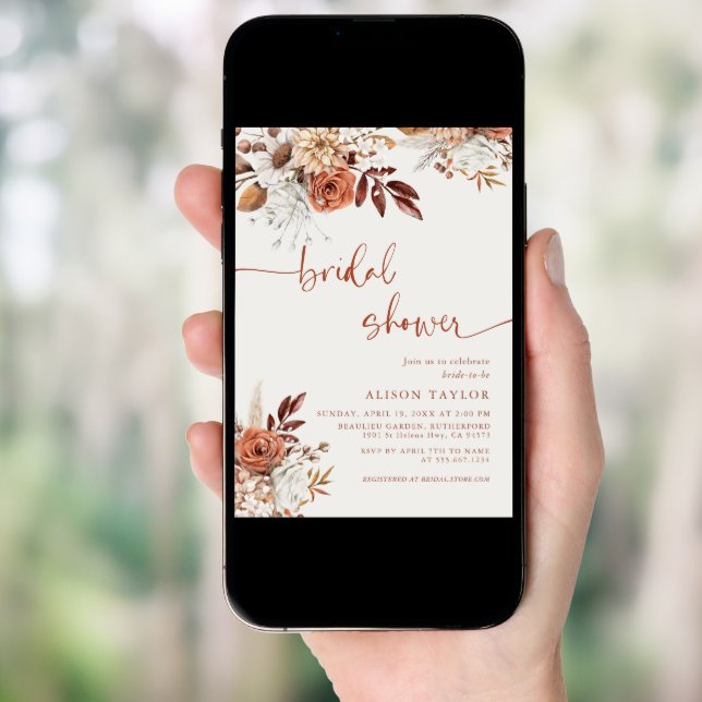 Boho Terracotta Bridal Shower Cream Floral Invitation (Front Digital)