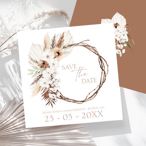 Boho Terracotta Brown Dried Floral Wreath Wedding Save The Date
