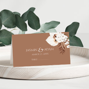 Boho Terracotta Brown Pampas Grass Floral Wedding Place Card