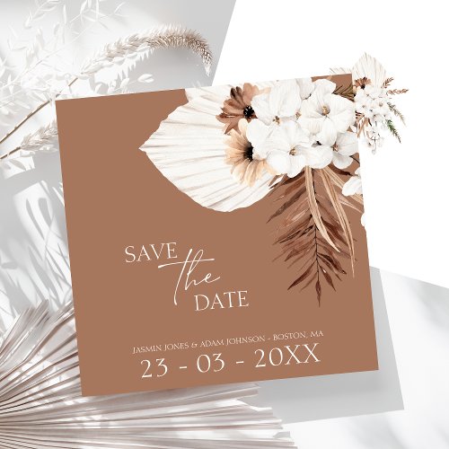 Boho Terracotta Brown Pampas Grass Floral Wedding Save The Date
