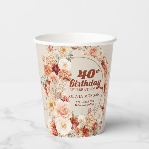 Boho terracotta burgundy floral 40th birthday  paper cups