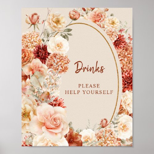 Boho terracotta burgundy floral eucalyptus Drinks Poster