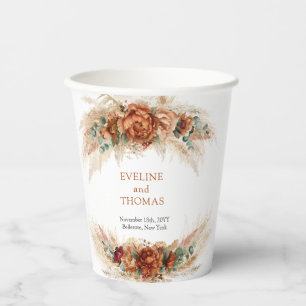 Boho terracotta burgundy floral eucalyptus wedding paper cups