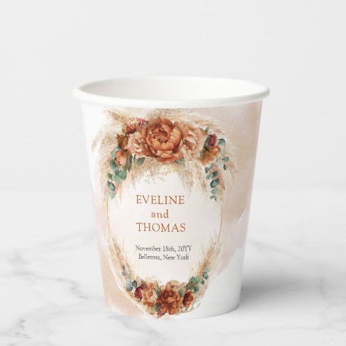 Boho terracotta burgundy floral eucalyptus wedding paper cups