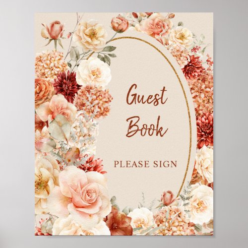 Boho terracotta burgundy floral Guest Book Sign