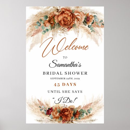Boho terracotta burgundy floral pampas Count down  Poster