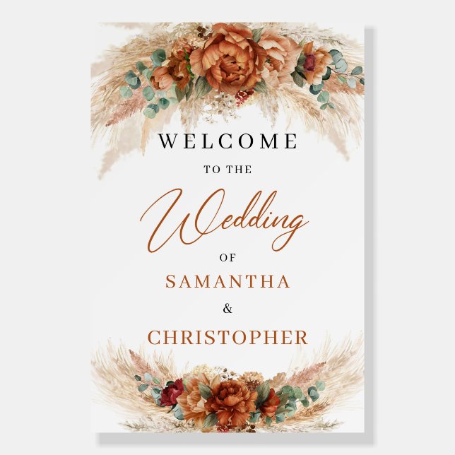 Boho terracotta burgundy floral wedding welcome foam board (Front)