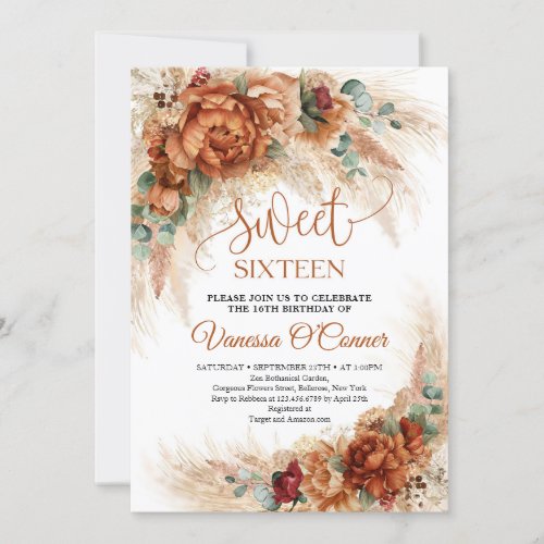 Boho terracotta burgundy flowers eucalyptus rusty  invitation