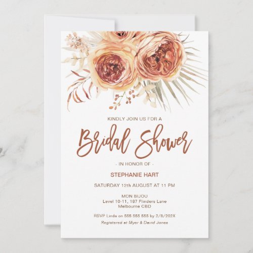 Boho Terracotta Burnt Orange Floral Bridal Shower Invitation - Boho Terracotta Burnt Orange Floral Bridal Shower Invitation

Modern floral bohemian bridal shower invitation featuring a lovely burnt orange floral arrangement with palm leaf and a modern terracotta colored calligraphy heading.  The back is a faux foil texture also in a deep burnt orange. 