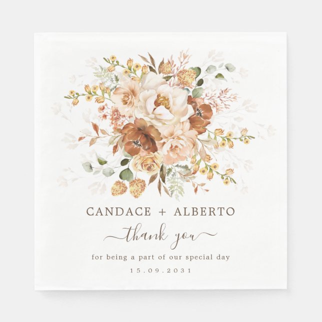 Boho Terracotta Burnt Orange Floral Garden Wedding Napkins (Front)