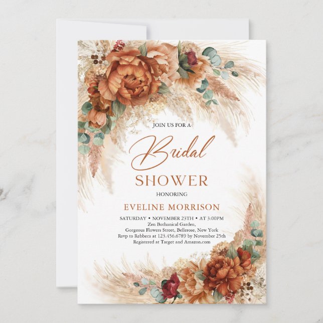 Boho terracotta burnt orange flowers eucalyptus invitation (Front)