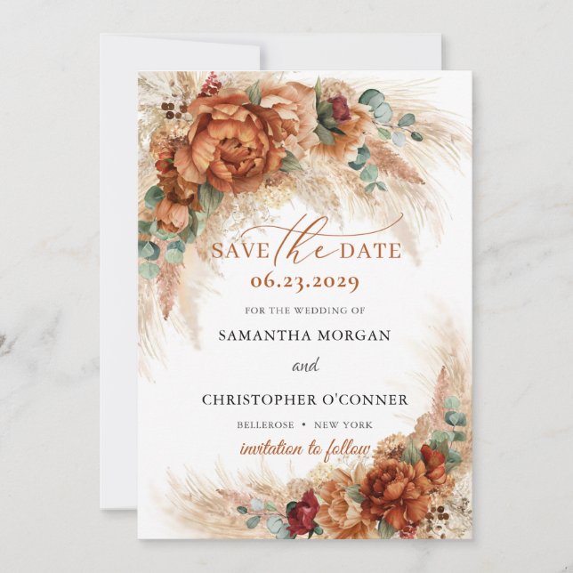 Boho terracotta burnt orange pampas grass save the date (Front)