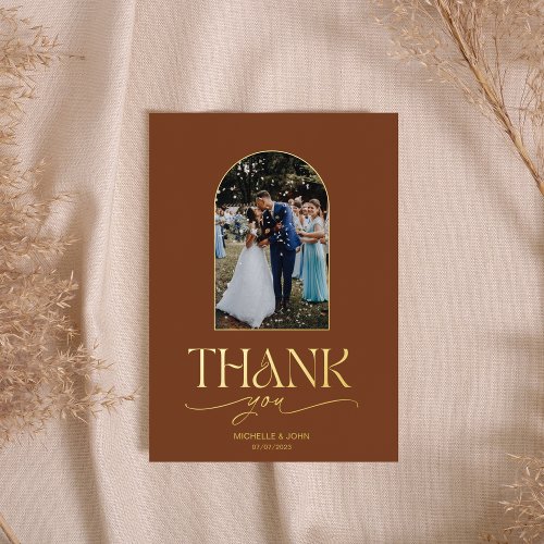 Boho Terracotta Burnt Orange Photo Wedding Thank Foil Greeting Card