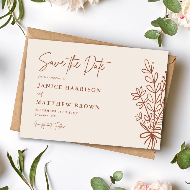 Boho Terracotta Burnt Orange Rustic Wedding Save The Date (Boho terracotta save the date sets a warm rustic tone while announcing your big day.)