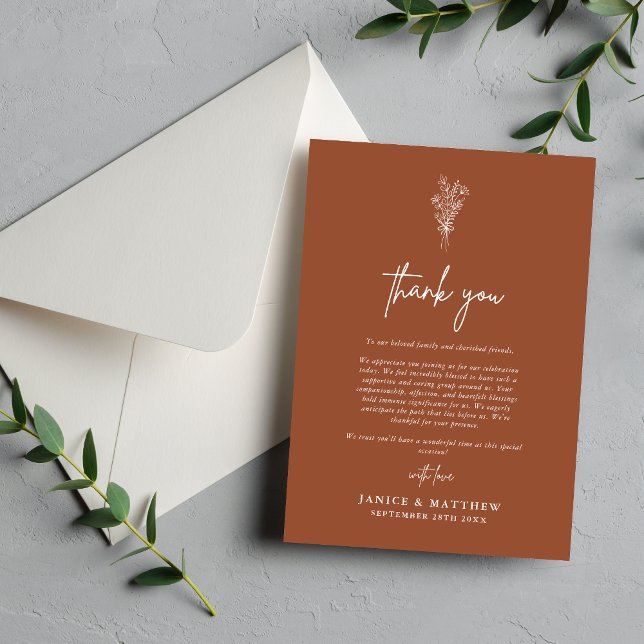 Boho Terracotta Burnt Orange Rustic Wedding Thank You Card (Terracotta burnt orange rustic thank you card delivers heartfelt thanks with warm, personal charm)