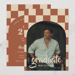 Boho Terracotta Checkered Arch Photo Graduation Invitation