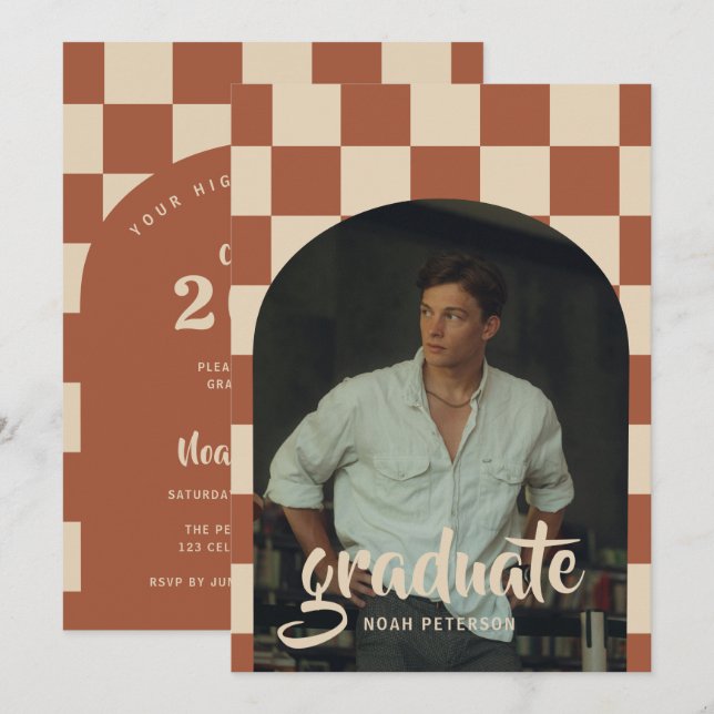 Boho Terracotta Checkered Arch Photo Graduation Invitation (Front/Back)