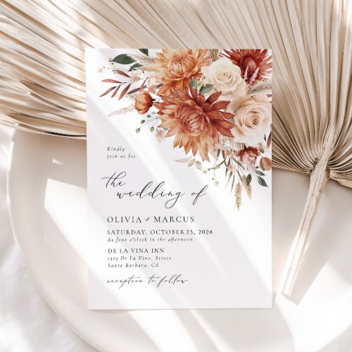 Boho Terracotta Dahlia Elegant Wedding Invitation