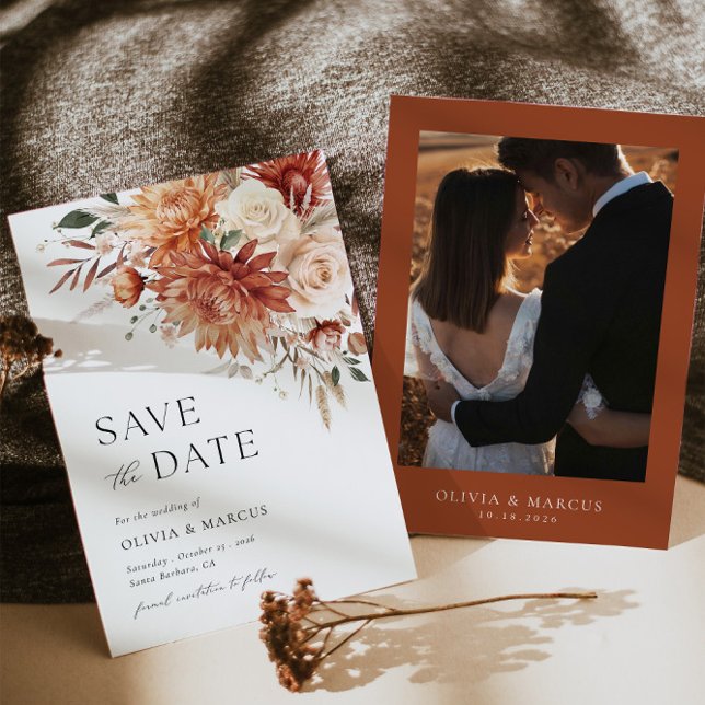 Boho Terracotta Dahlia Rose Floral Elegant Wedding Save The Date (Front/Back)