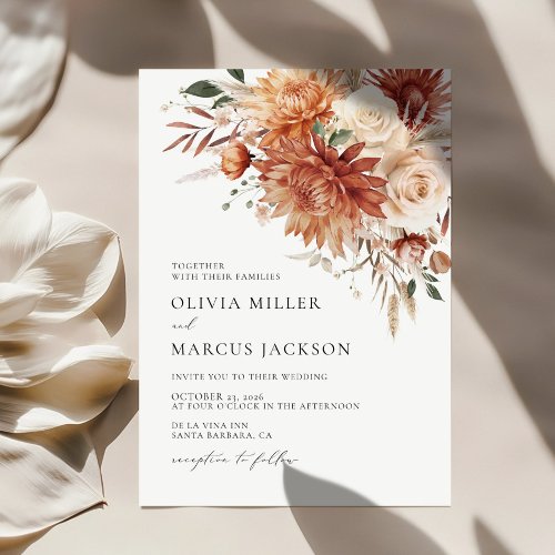 Boho Terracotta Dahlia Rose Wedding Invitation