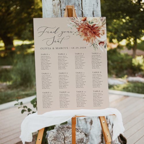 Boho Terracotta Dahlia Rose Wedding Seating Chart Foam Board