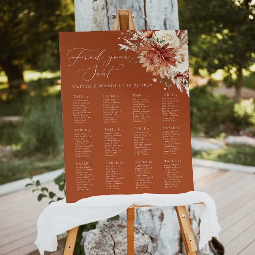 Boho Terracotta Dahlia Rose Wedding Seating Chart Foam Board