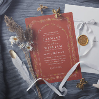 Boho Terracotta Delicate Floral Rustic Wedding Invitation