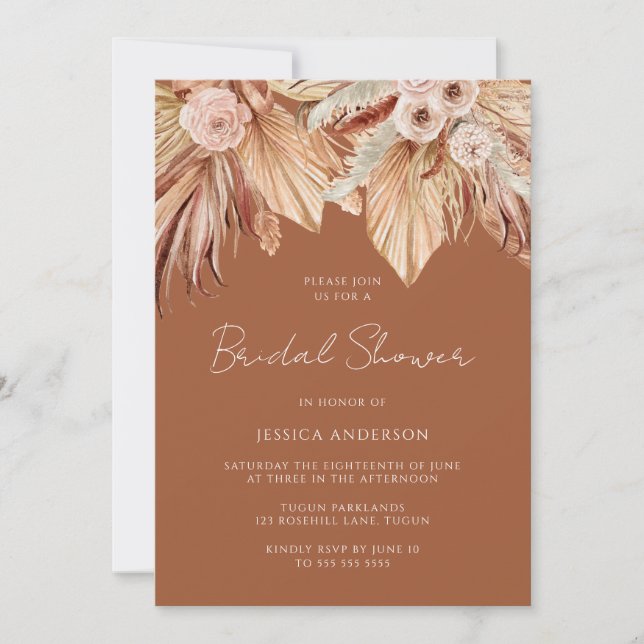 Boho Terracotta Dried Floral Bridal Shower Invitation (Front)