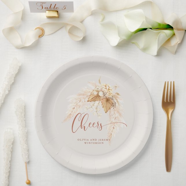 Boho Terracotta Dried Flowers and Pampas Grass  Paper Plates (Wedding)