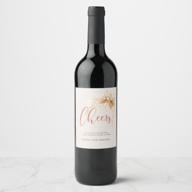 Boho Terracotta Dried Flowers and Pampas Grass Wine Label (Front)