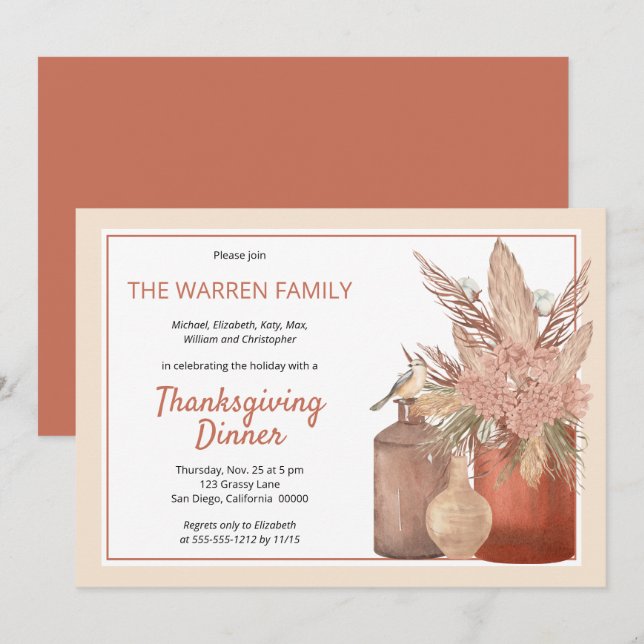 Boho Terracotta Dried Grasses Thanksgiving Dinner Invitation (Front/Back)