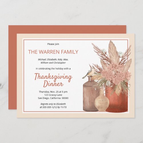 Boho Terracotta Dried Grasses Thanksgiving Dinner Invitation