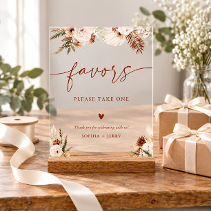 Boho Terracotta Dried Palm Floral Wedding Favors Acrylic Sign