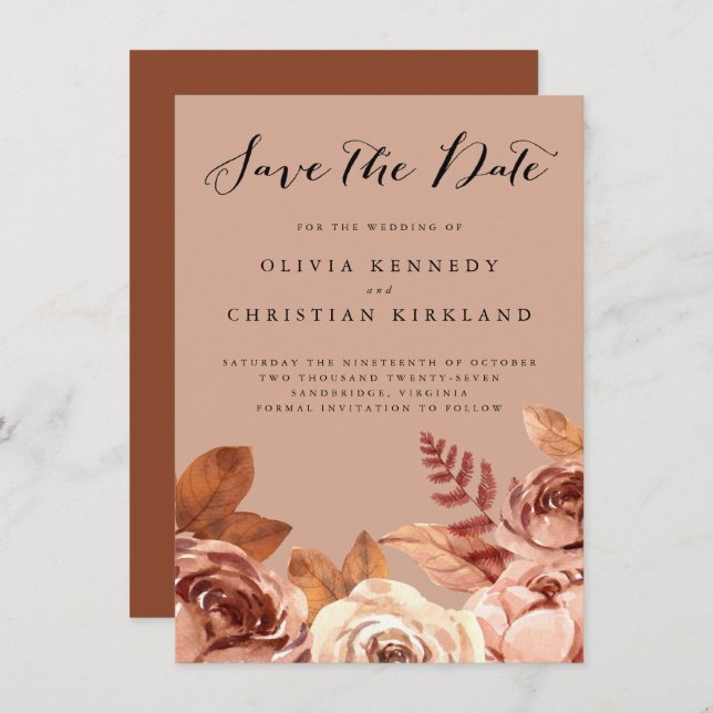 Boho Terracotta Earth Tone Botanical Save the Date Announcement (Front/Back)