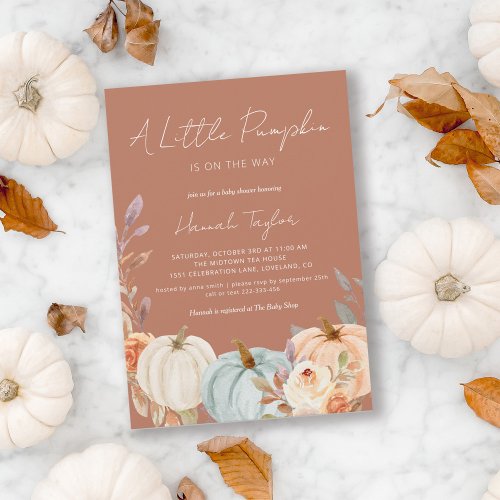 Boho Terracotta Fall Baby Shower Little Pumpkin Invitation