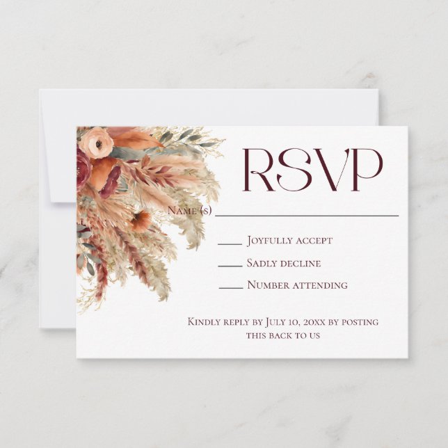 Boho Terracotta Fall Dried Florals Pampas Grass RSVP Card (Front)