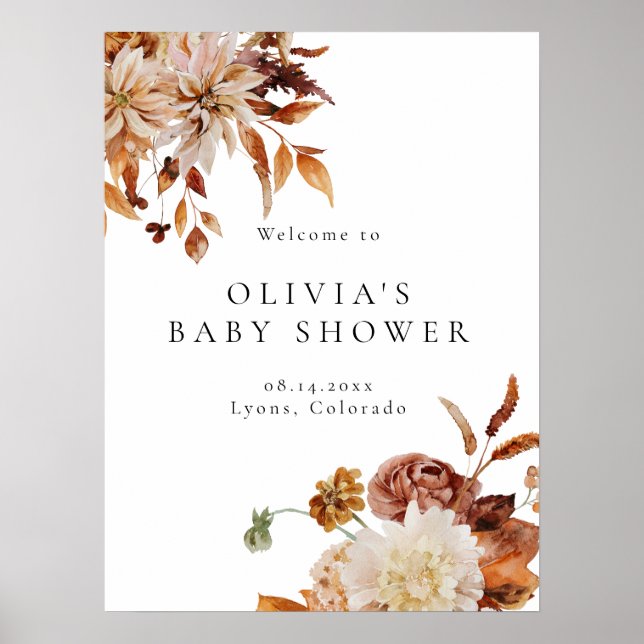 Boho Terracotta Fall Floral Baby Shower Welcome Poster (Front)