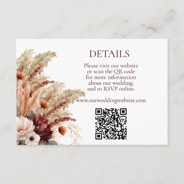 Boho Terracotta Fall Florals Pampas Grass Details Enclosure Card (Front)