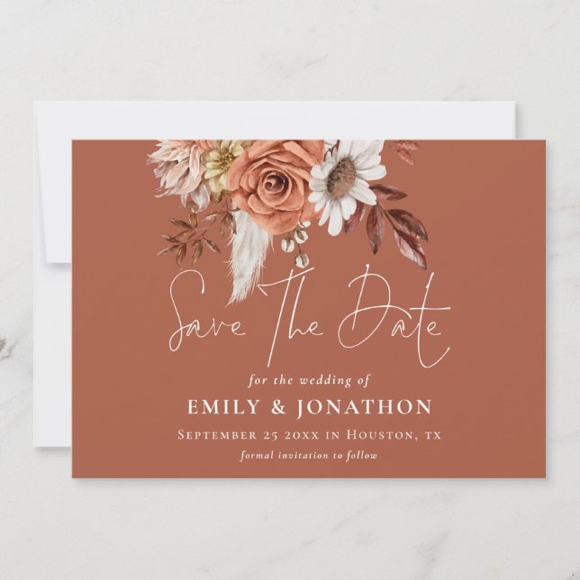 Boho Terracotta Fall Florals QR Code Rust Wedding Save The Date (Front)