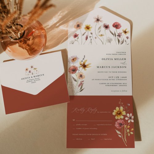 Boho Terracotta Floral All in One Wedding Invite